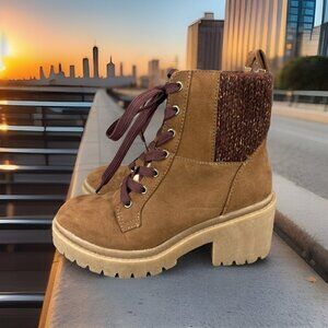 ✅Pop Collateral Boots Womens 6M Brown Faux Leather Block Heel Side Zip Shoes